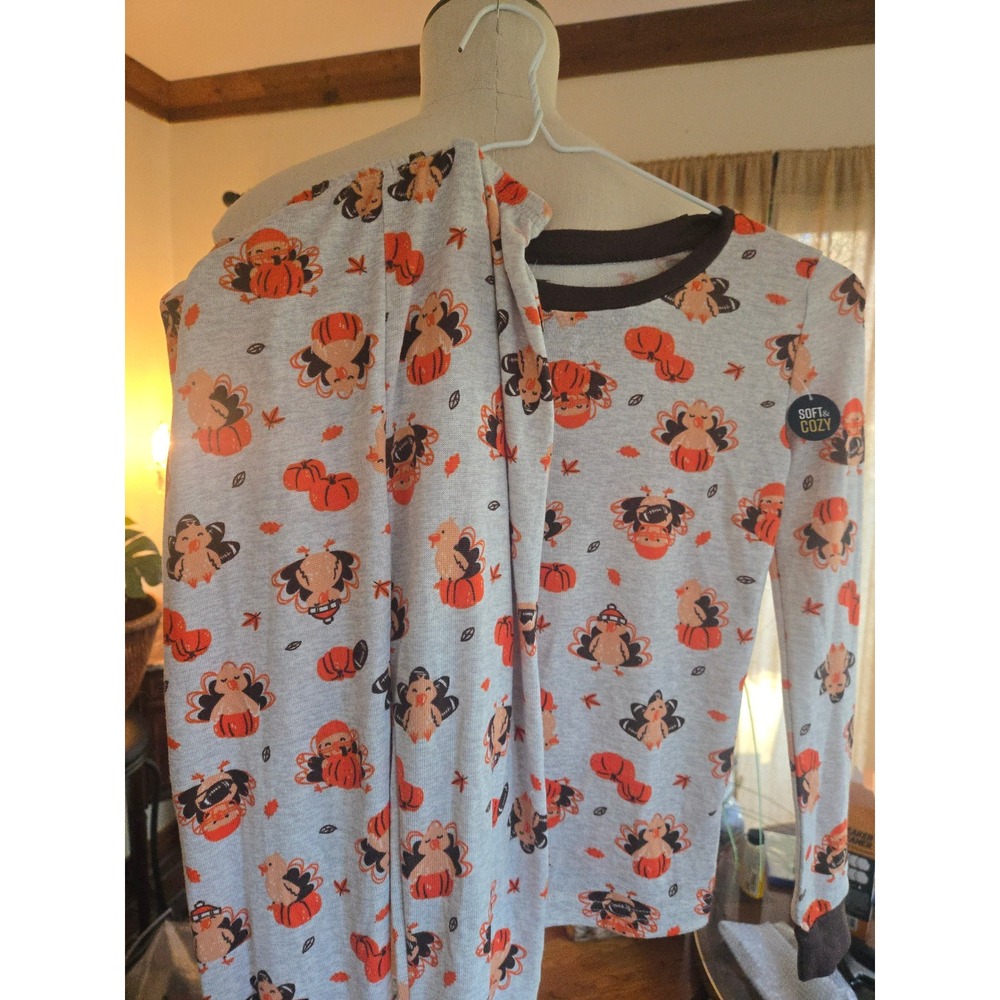 PJ Essentials Kids Size 8 Turkey Pumpkin Long Sleeve Pajama Set Orange Soft Cozy